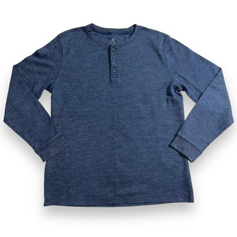 George Mens Shirt Top Henley Neckline Long Sleeve Pullover Navy Blue Large 42 44